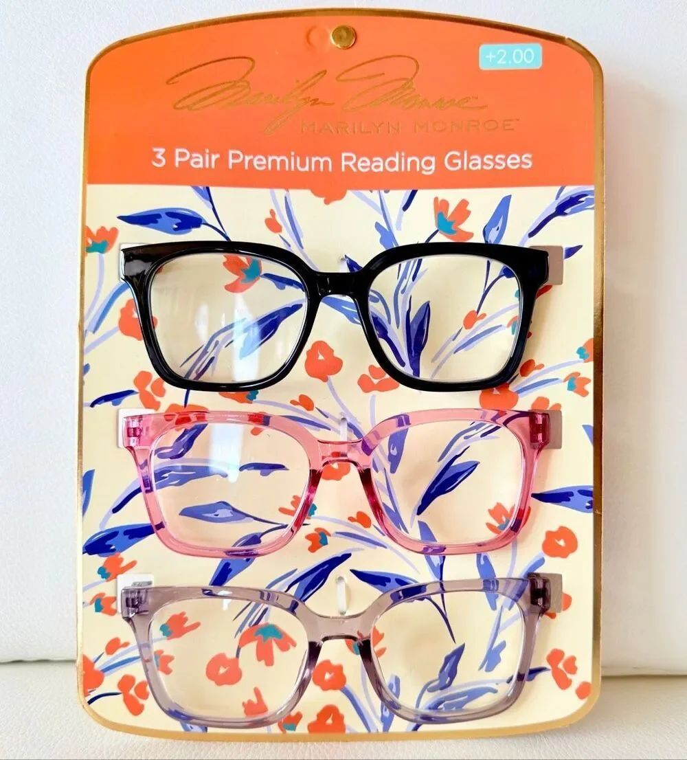 NWT 3 Pack 2.00 Marilyn Monroe Premium Reading Glasses Black, light Pink & Grey